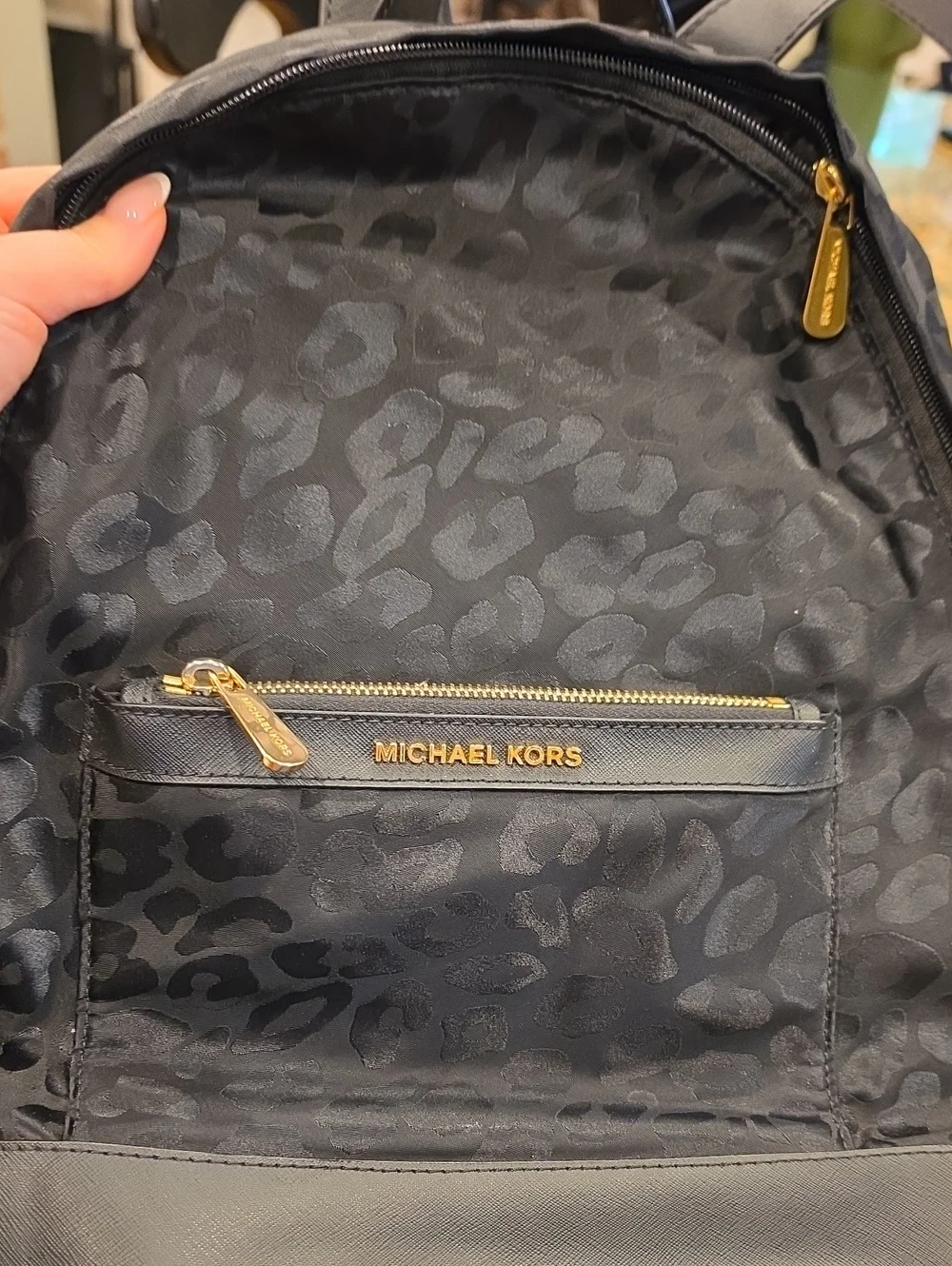 Michael Kors Black Leopard Jacquard Womens Backpack with Gold Hardware